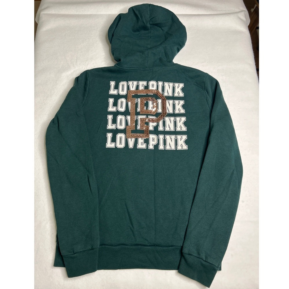 PINK Victoria's Secret Forest Green Full Zip Hoodie Sequin Graphics Medium